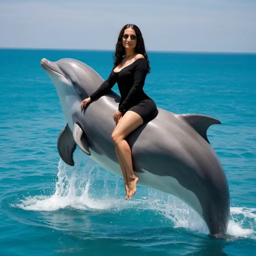 Prompt: Mona Lisa full from head to toe body shot, riding a dolphin 