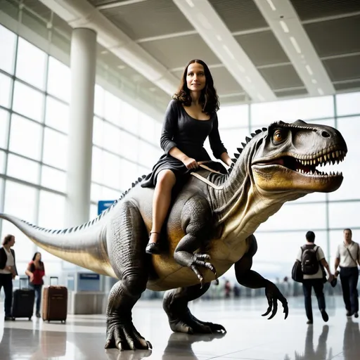 Prompt: Mona Lisa  riding a tyrannosaurus in  an airport