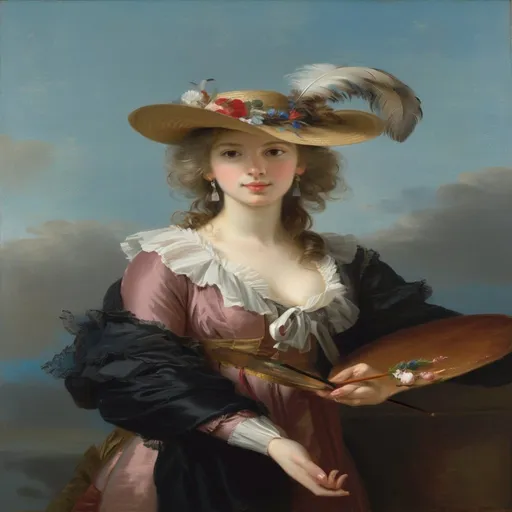 Prompt: Self-portrait in a Straw Hat (French: Autoportrait au chapeau de paille, Dutch: Zelfportret met strohoed) is a self-portrait by the French painter Élisabeth Vigée Le Brun, painted after 1782, in oil on linen, measuring 97.8 by 70.5 centimetres. It has belonged to the collection of the National Gallery in London since 1897.(wikipedia)

Step into the elegant world of Élisabeth Vigée Le Brun's Rococo masterpiece, 'Self-portrait in a Straw Hat,' and reimagine the artist herself as she presents her craft with grace and poise.

Capture the essence of Vigée Le Brun's self-portrait as you depict a charming woman in a feathered hat holding a thin, flat wooden painter's palette adorned with dollops of paint.

Let the soft, flattering style of Vigée Le Brun's painting guide your brushstrokes, as you convey the natural simplicity and modernity of the artist's pose and appearance.

Explore the interplay of light and shadow, paying close attention to the effect of light on the subject's neck and décolleté, and the subtle nuances of expression in her  eyes, delicate nose, and thin lips.

Consider the symbolism of the artist's attire and accessories, from her fashionable 'a la grècque' clothing to her flamboyant straw hat adorned with flowers and ostrich feathers, and the palette and brushes that signify her profession as a painter.

Invite viewers to journey back in time to the Rococo era, where they can immerse themselves in the elegance and sophistication of Vigée Le Brun's world, and appreciate the innovative and modern spirit of her self-portrait.

Whether you choose to work with traditional painting techniques or explore digital mediums, let your creativity soar as you breathe new life into this timeless masterpiece, and pay homage to one of the most celebrated artists of the 18th century." (chatgpt)