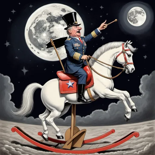 Prompt: A "political cartoon" of a "military dictator"  wearing  a "dunce-hat" riding a "rocking horse" that is jumping "over the Moon. " 