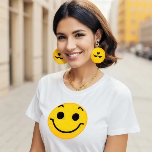 Prompt: a woman with yellow smiley-earrings, wearing a white t - shirt with a smiley face on it, 