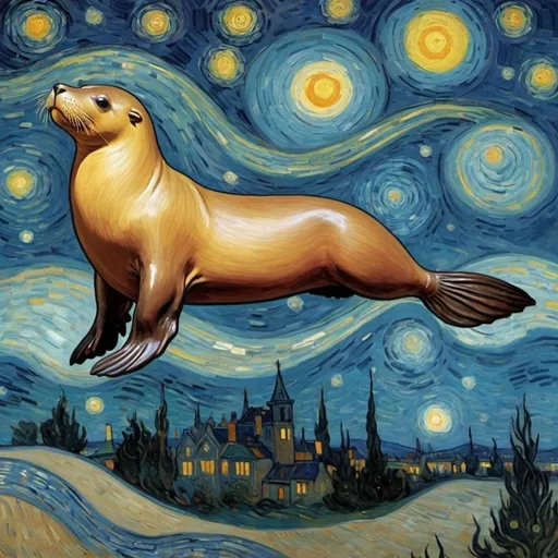 Prompt: A "Sea lion"  flying on a "magic carpet" in "The Starry Night" by Vincent van Gogh