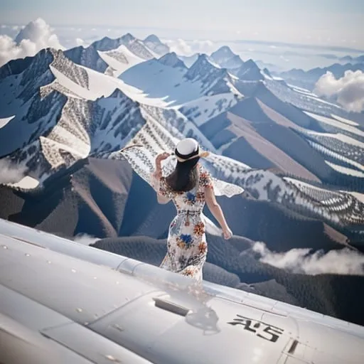 Prompt: a view of something crazy a (( 21-year-old woman in a long flower print Empire Dress with a high neck line and white hat)) is walking on top of the wing of the plane in flight,


