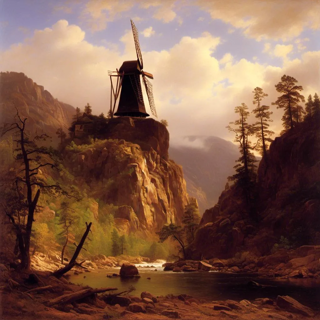 Prompt: <mymodel>Create a UHD, 64K, professional oil painting in the style of Albert Bierstadt, Hudson River School, american scene painting, Depict a playfully  balanced windmill on  the mountain that stood out  bold and clear against the sky its towering crags and deep ravines filled with mystery and beauty.