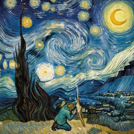Prompt:  Vincent van Gogh catching a "falling star" in "The Starry Night" by Vincent van Gogh