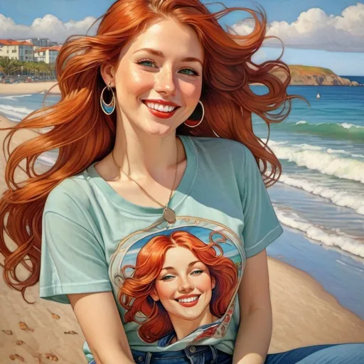 Prompt: photorealistic portrait of a [(27 year-old woman), (cover with dark freckle), (green eyes), (long ginger hair), (red lipstick), (a smile on her face), (earrings with a  SMILEY face on it's earring hooks), (smiley t-shirt), (long blue jean), (red and blue tennis shoes),] on the beach, looking very happy at an attacking UFO