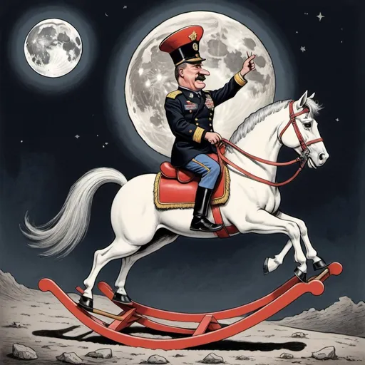 Prompt: A "political cartoon" of a "military dictator"  wearing an uniform and a "dunce hat" riding a "rocking horse" that is jumping "over the Moon. " 