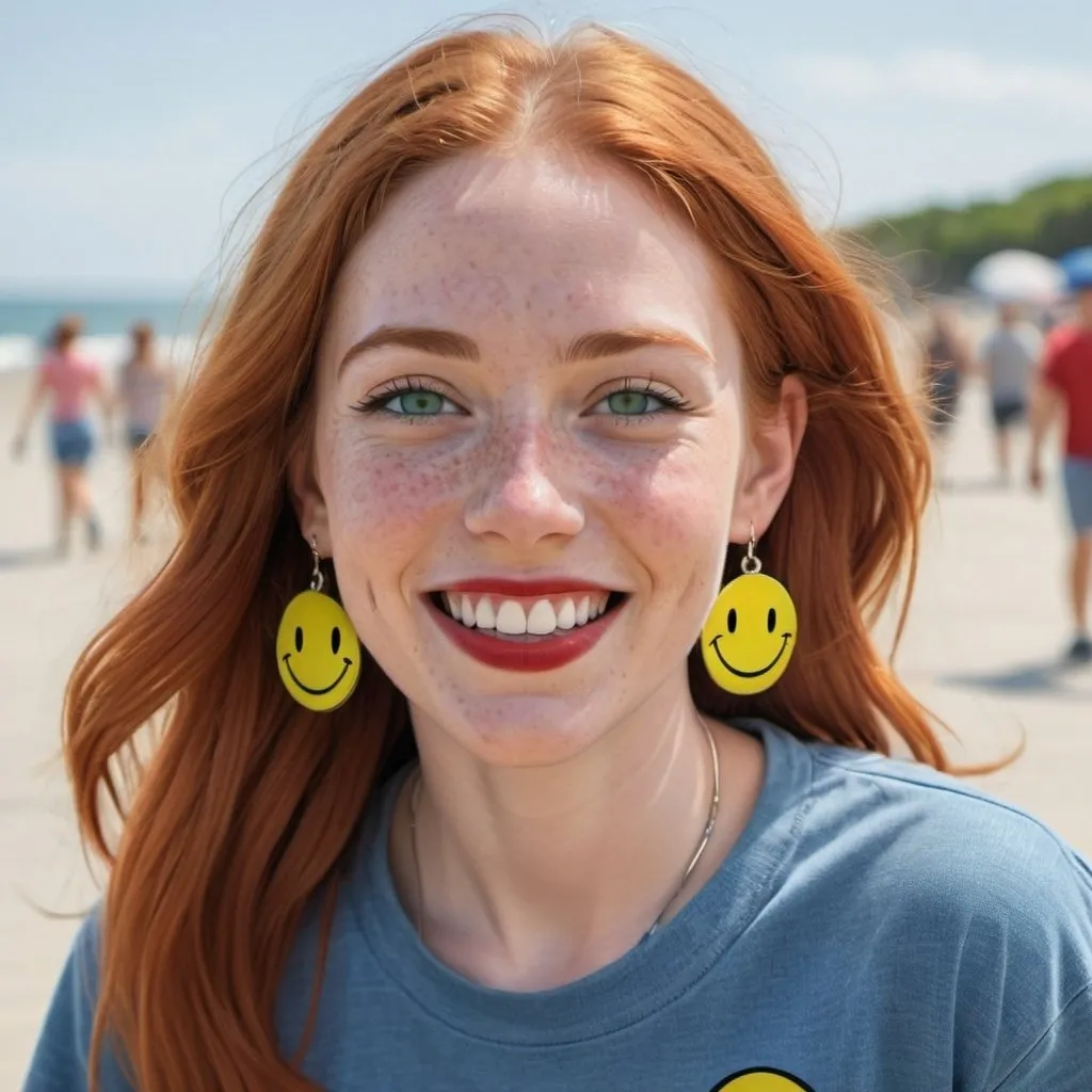 Prompt: photorealistic portrait of a [(27 year-old woman), (cover with dark freckle), (green eyes), (long ginger hair), (red lipstick), (a smile on her face), (earrings with a SMILEY face on it's earring hooks), (smiley-face t-shirt), (long blue jean), (red and blue tennis shoes),]on the beach, looking very happy at an ufo