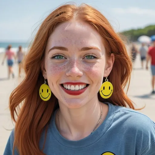 Prompt: photorealistic portrait of a [(27 year-old woman), (cover with dark freckle), (green eyes), (long ginger hair), (red lipstick), (a smile on her face), (earrings with a SMILEY face on it's earring hooks), (smiley-face t-shirt), (long blue jean), (red and blue tennis shoes),]on the beach, looking very happy at an ufo