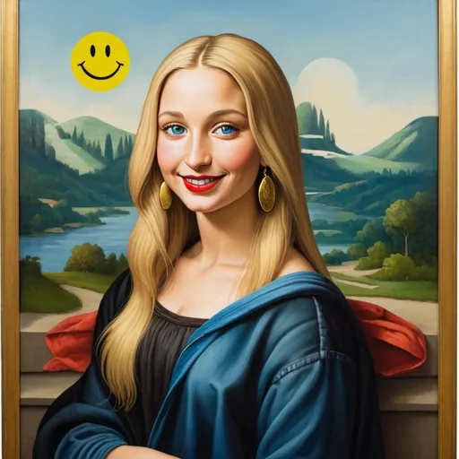 Prompt: a full-length portrait painting,
Mona Lisa,
cover with dark freckle,
blue eyes,
long blonde hair,
red lipstick,
a smile on her face, 
gold-earrings-with-a-smiley-face- ON-them,  
smiley-face-T-shirt, 
long blue jean,
with a green background and a blue sky,
1970s oil painting,

