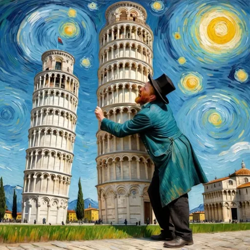 Prompt: "Vincent van Gogh"  knocking over the leaning tower of pisa