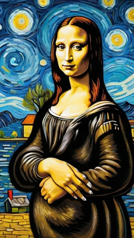 Prompt: Mona Lisa,  standing front of a house   in the style of "The Starry Night" by Vincent van Gogh