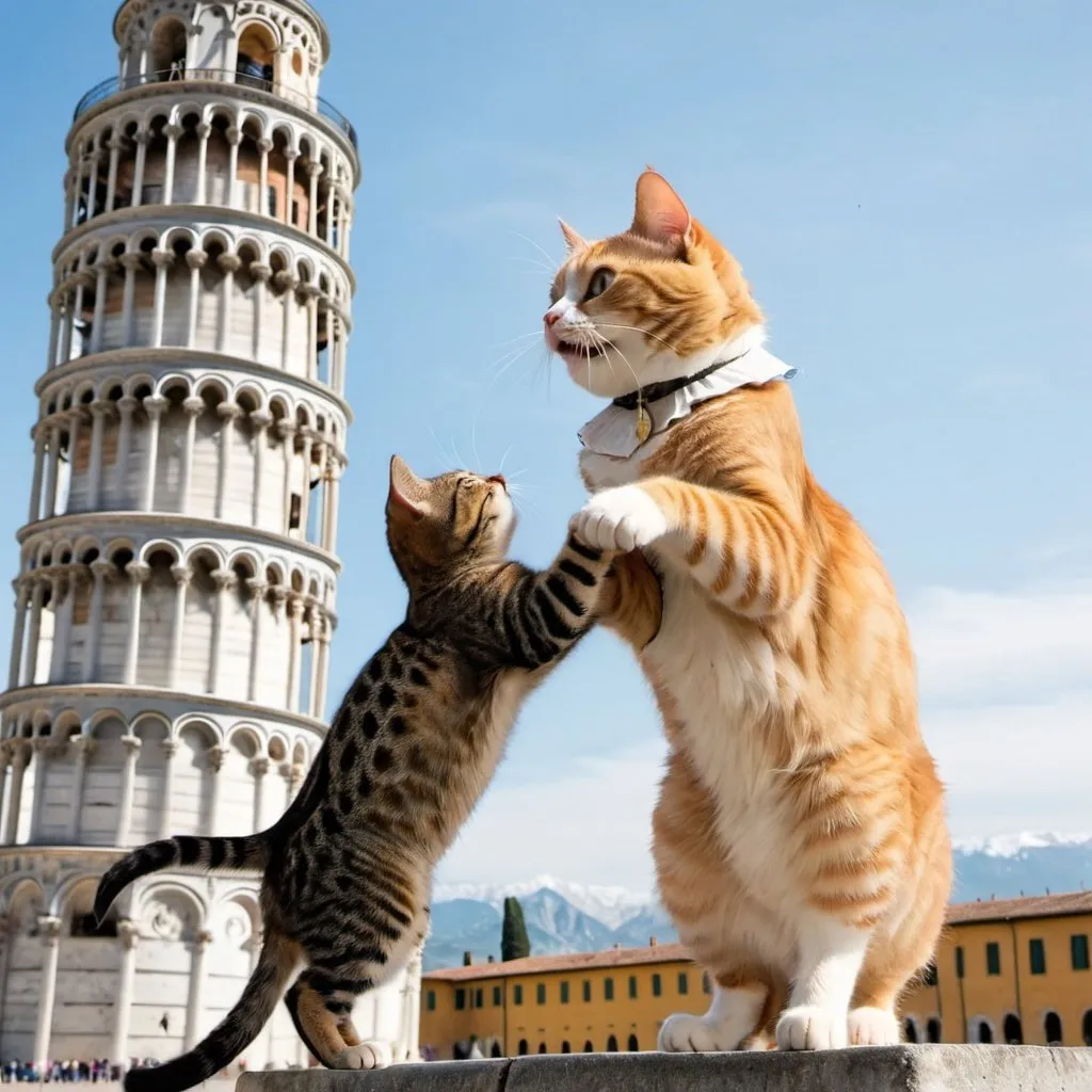 Prompt: a cat knocking over the leaning tower of pisa