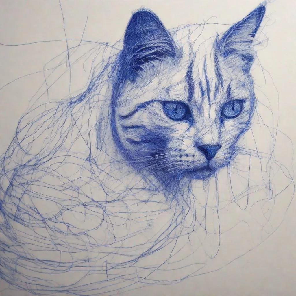 Prompt: a drawing of a cat made with scribbles and messy lines,blue ballpoint,monochrome