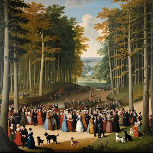 Prompt: a painting of a large group of people in a wooded area with a dog 