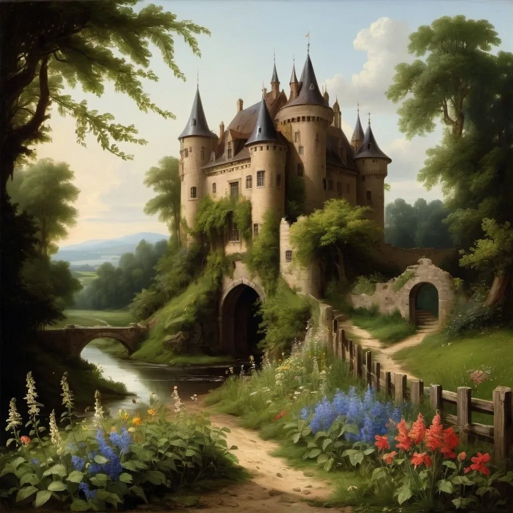 Prompt: a painting of a castle  overgrown with vines and wildflowers  with a path leading to it and flowers in front of it and a fence and a stream in a field with flowers and trees around, The castle itself  though old and ruined in many parts had evidently been at one time a place of considerable strength, in the style of Carl Heinrich Bloch, blending the American Barbizon School and Flemish Baroque influences.  
