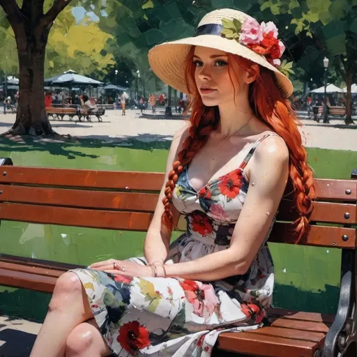 Prompt: Painting of a woman with long red hair in French braid sitting on a bench in a park wearing a hat and dress with flowers,  Portrait by Derek Gores
