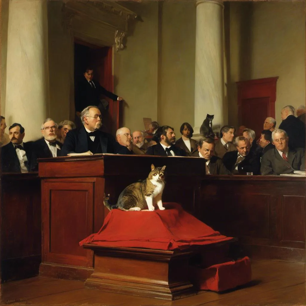 Prompt: <mymodel> "draw a cat sitting on a legislative  podium in  the well of  a legislative chamber during a legislative session."