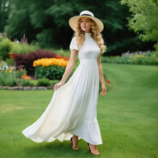 Prompt: a 21-year-old woman in  a  long white Empire Dress with a high neck line and hat,  standing on the green grass, a beautiful expressive face, curly blond hair,  full-length,  feet, in an amazingly beautiful garden,  exactly beautiful photo  , highly photo, full-length photo,  1970s oil painting