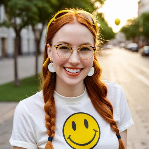 Prompt:  the woman is wearing  earrings.

the earrings  has the classic  1970s  yellow smiley face on them.

 