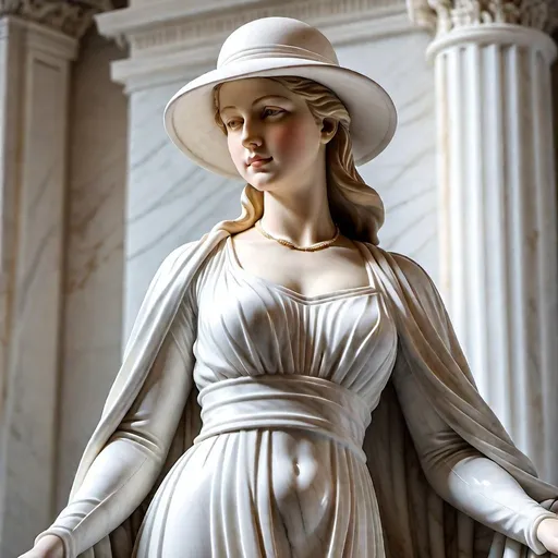 Prompt: White Marble statue of ((a 21-year-old woman in a thick long velvet empire dress with a high neck line,  line and white hat)), high quality, classical sculpture,  detailed features, white marble, elegant pose, graceful, soft lighting,  serene expression, lifelike, smooth curves,  ancient beauty, classical, sophisticated, traditional sculpture, elegant, natural lighting