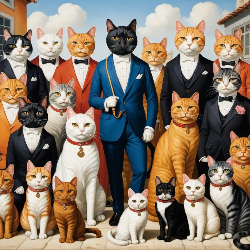 Prompt: a painting of a large group of anthropomorphic cats a with a dog on a leash.