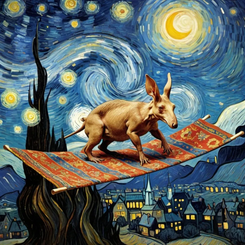 Prompt: A "Aardvark"  flying on a "magic carpet" in "The Starry Night" by Vincent van Gogh