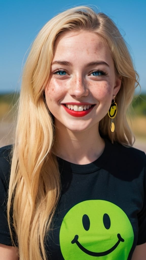 Prompt: a full-length portrait photo,
27 year-old  woman,
cover with dark freckle,
blue eyes,
long blonde hair,
red lipstick,
a smile on her face, 
gold-earrings-with-a-black-smiley-face- ON-them,  
smiley-face-T-shirt, 
with a green background and a blue sky,

