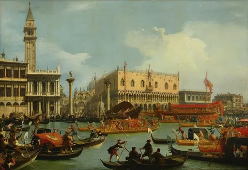 Prompt: Create a vibrant and detailed painting of a bustling Venetian scene reminiscent of Canaletto's style. The composition should include a grand canal filled with gondolas and other boats, showcasing a lively procession or festival. On the left, depict the majestic Campanile di San Marco rising above the scene, and to the right, include the ornate Doge's Palace with its distinctive Gothic architecture. Populate the scene with people dressed in period-appropriate clothing, engaging in various activities such as rowing, conversing, and celebrating. The water should reflect the vivid colors of the boats and buildings, adding to the dynamic atmosphere. Ensure the sky is clear with soft clouds, allowing the sunlight to enhance the architectural details and the festive mood of the scene. Capture the essence of historical Venice, emphasizing its rich culture and lively spirit.
