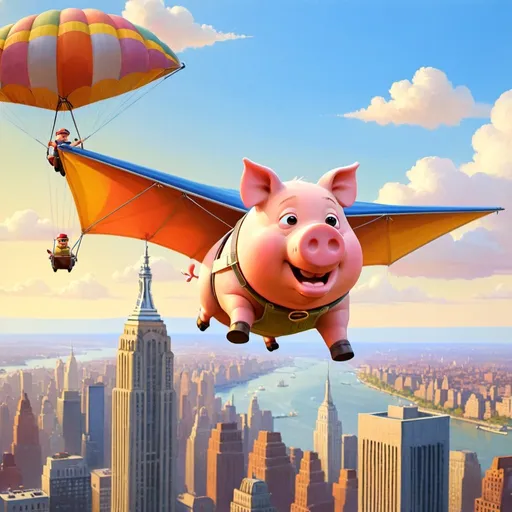 Prompt: a  pig ,  flying over New York city  on hang glider, 1970s oil painting,

