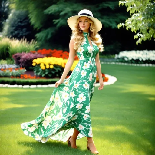 Prompt: a 21-year-old woman in  a  long flower print  Empire Dress with a high neck line and white hat,  standing on the green grass, a beautiful expressive face, curly blond hair,  full-length,  feet, in an amazingly beautiful garden,  exactly beautiful photo  , highly photo, full-length photo,  1970s oil painting