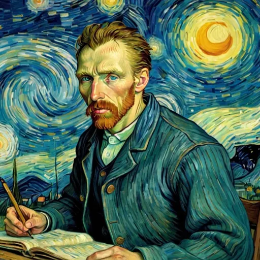 Prompt: "Vincent van Gogh" running in late for a college class in  "The Starry Night" 