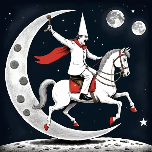 Prompt: A political cartoon of a dictator  wearing dunce hat riding a "rocking horse" that is jumping over the Moon.  