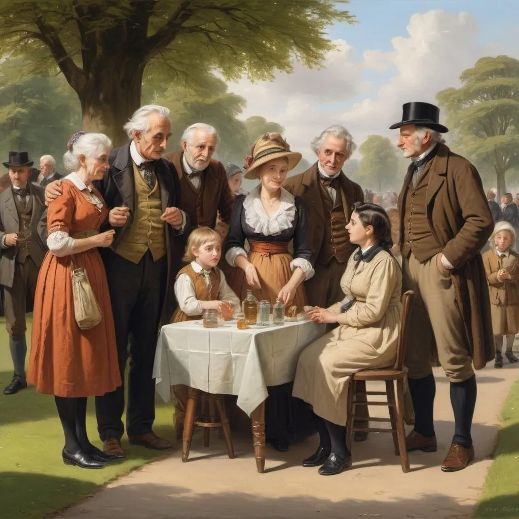 Prompt: a  painting of a scene daily life ,
three generation of an extended family meeting of family reunion  in a park, 
Augustus Edwin Mulready,
highly detailed, 
professional oil painting,
UHD,
64K