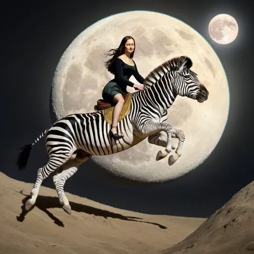 Prompt: Mona Lisa riding a Zebra that is jumping over the Moon.