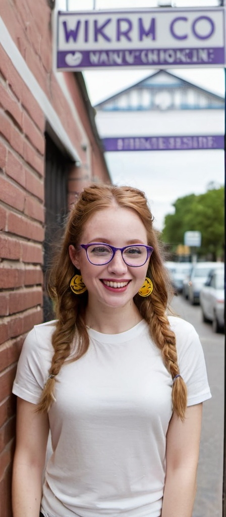 Prompt:  portrait of a smiling 27 year-old woman. green eyes. cover with dark freckle. long ginger hair ginger in a French braid.   wearing  red lipstick. purple broad rimmed eyeglasses.  1970s yellow smiley face earrings,  and  white t-shirt with a  black and yellow smiley face. photo.