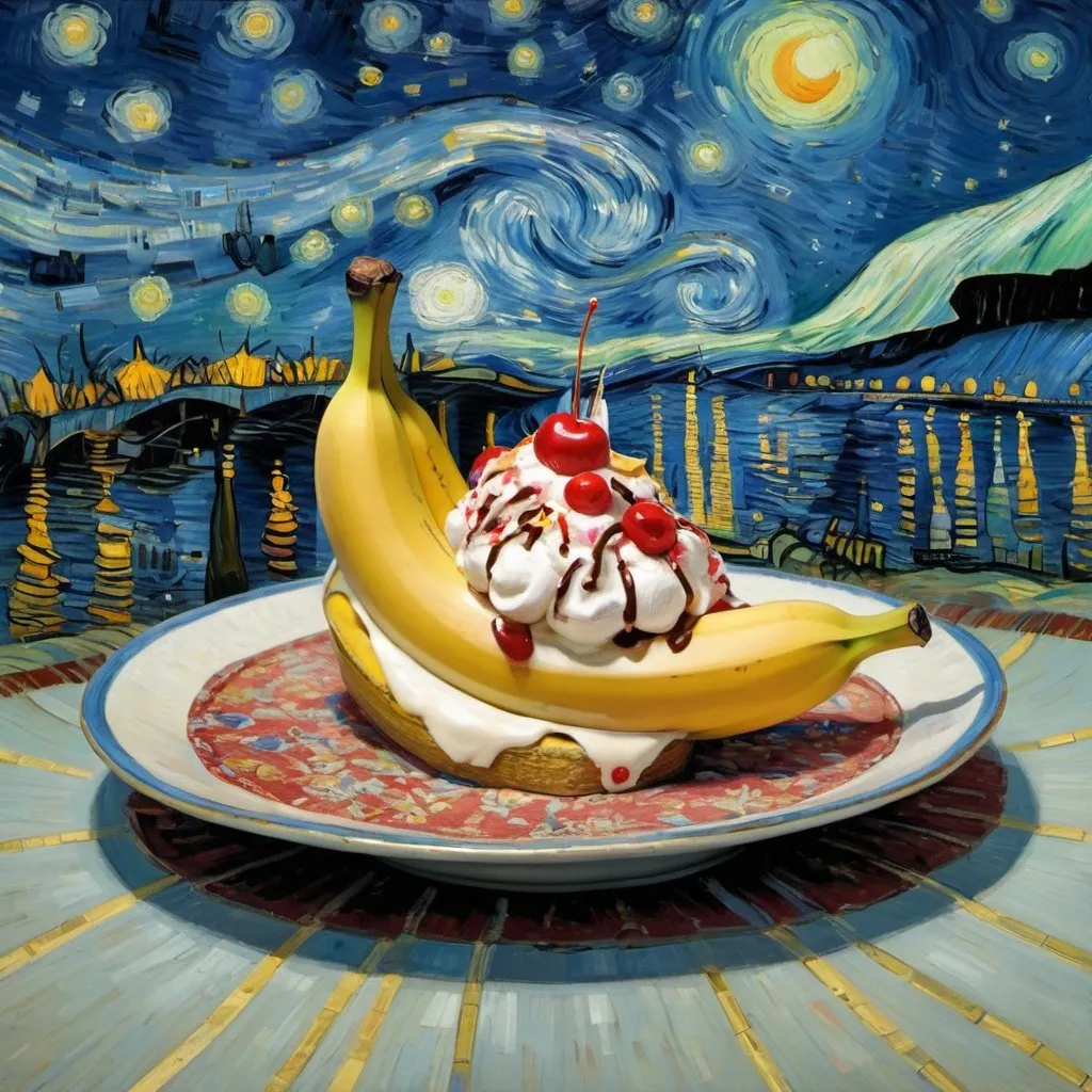 Prompt: A Banana split flying on a "magic carpet" in "The Starry Night" by Vincent van Gogh