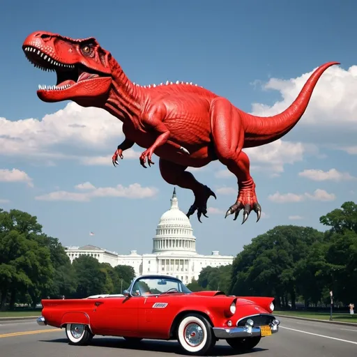 Prompt:  tyrannosaurus in a flying red ford 1957 thunderbird flying over washington DC
