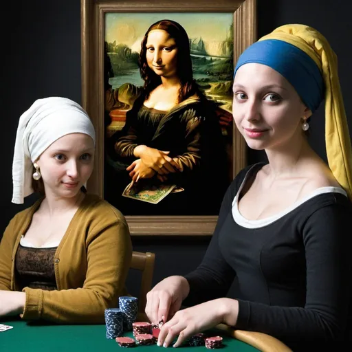 Prompt: "Mona Lisa" and "the girl with the pearl earring"   playing poker