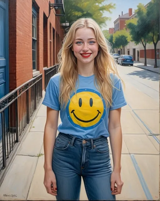 Prompt: a full-length portrait painting, 
27 year-old woman, 
cover with dark freckle,
blue eyes, long blonde hair, 
red lipstick, a smile on her face,
standing on a sidewalk, 
smiley-face  t-shirt, 
long blue jean,
blue tennis shoes,
academic art, renaissance oil painting