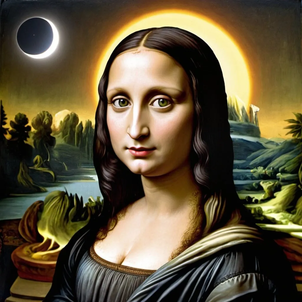 Prompt: "Mona Lisa"  watching a total solar eclipse