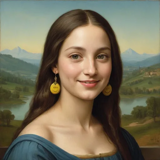 Prompt: a painting of Mona Lisa  long hair, on a smile on her face "yellow smiley face earrings", with a green background and a blue sky, Fra Bartolomeo, academic art, renaissance oil painting, a painting  