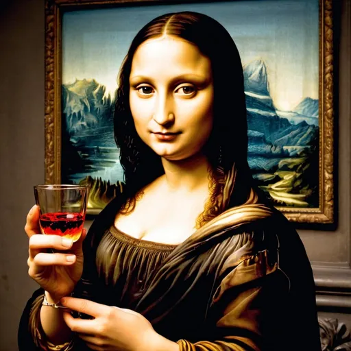 Prompt: Mona Lisa holding glass containing  hot volcanic lava   at night 