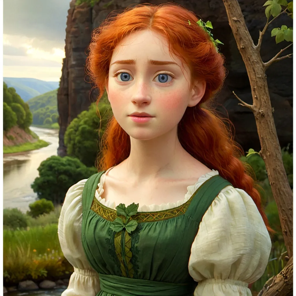 Prompt: a painting of a woman with red hair and a green dress and a white shirt and a tree and a river, Anne Said, pre-raphaelitism, pre - raphaelite, an ultrafine detailed painting

Anne Shirley at age of 21, by L. M. Montgomery