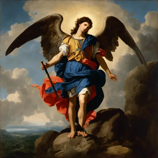 Prompt: <mymodel>a painting of St Michael archangel, with wings and a sword in his hand, standing on a rock with clouds in the background,