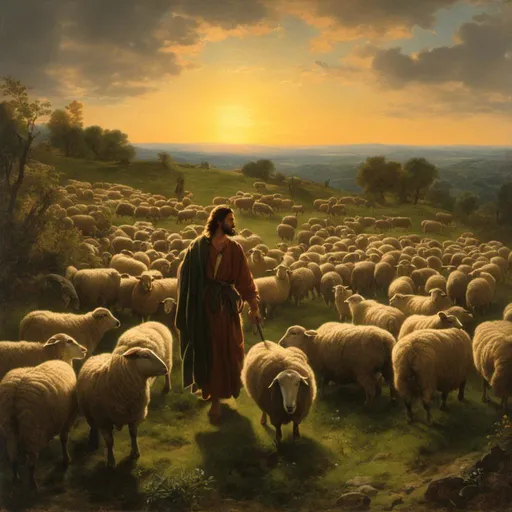 Prompt: <mymodel>A painting of Jesus as the shepherd  in a field of sheep, grass  with the sun setting behind him .