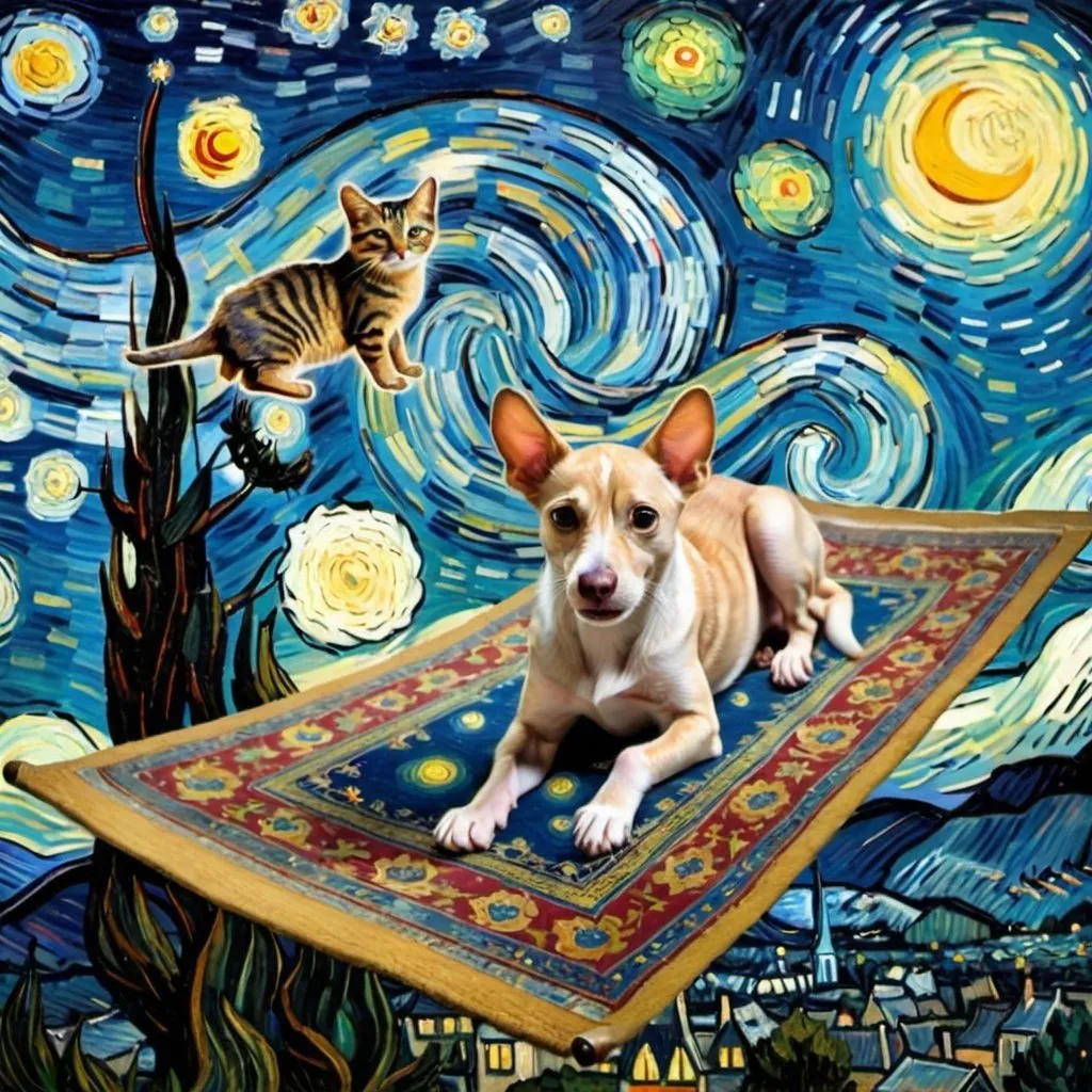 Prompt: a dog,  a cat,  a mouse, flying on a "magic carpet" in "The Starry Night" by Vincent van Gogh