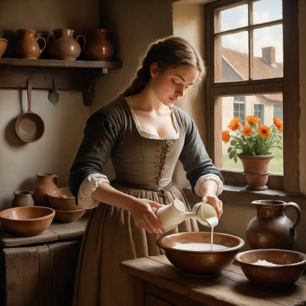 Prompt: A painting of A robust young woman   pouring milk from a "crackle Pitcher" in to a bowl in a humble kitchen, with soft, natural light filtering through a window. The setting is a modest 17th-century Dutch kitchen, with rich, warm hues for the clothing and cool, muted tones for the background, rendered in exquisite realism.