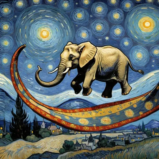 Prompt: A Elephant  flying on a "magic carpet" in "The Starry Night" by Vincent van Gogh