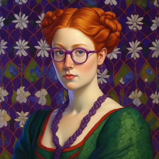 Prompt: curvy woman, ginger  hair  in a French braid. wearing red lipstick. purple broad rimmed eyeglasses. and green eyes, freckled face. medieval dress, symmetrical face, soft ambient lighting, highly detailed, advanced digital anime art, MEDIEVAL backdrop!! Highly Detailed, Beautiful Composition, Deep Color, Intricate, Sharp<mymodel>